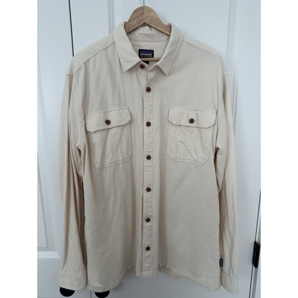 Patagonia Heavyweight Flannel Shirt Mens Large Cream Natural Organic Cotton